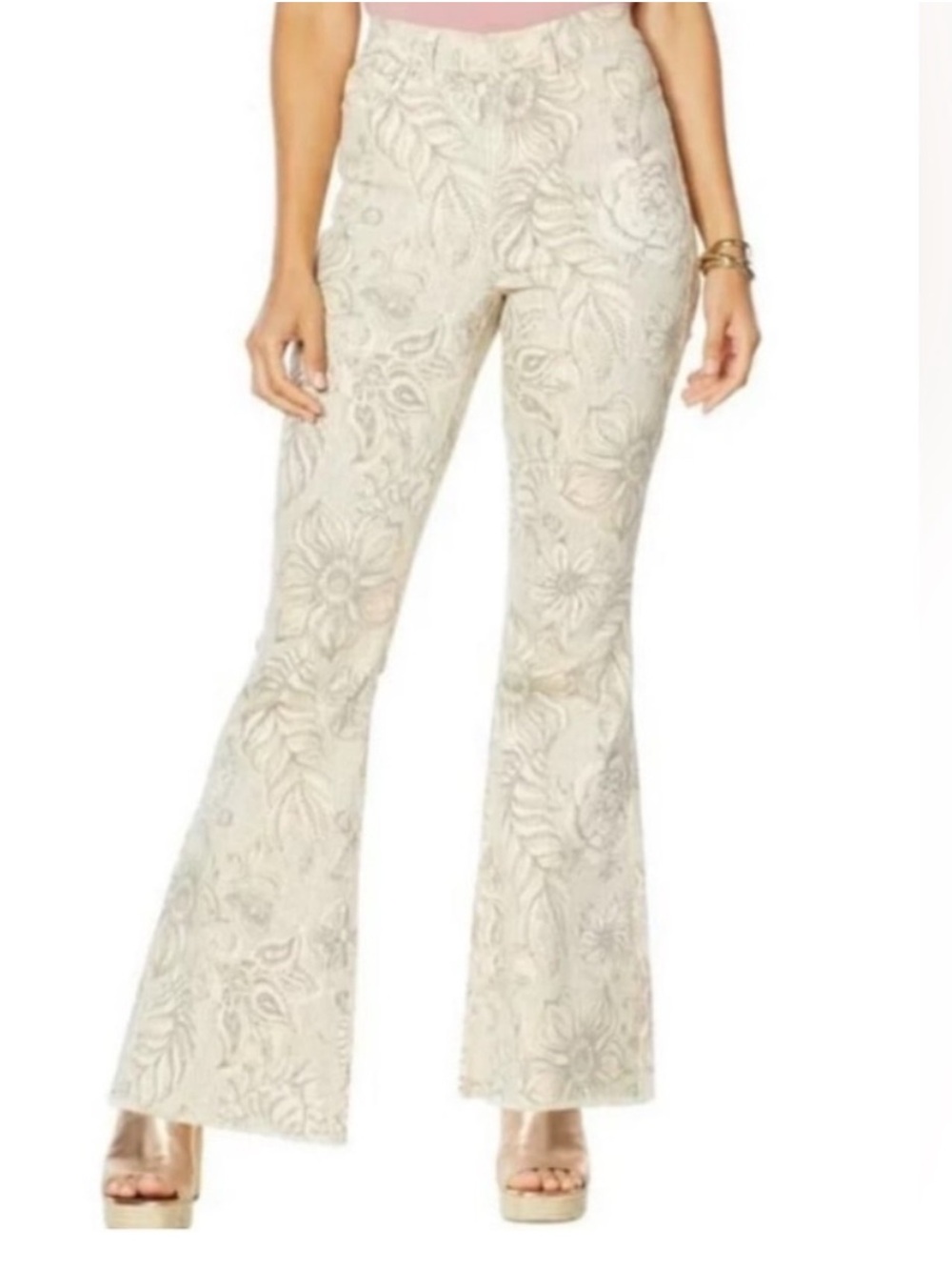 Diane Gilman Cream Floral Patterned Flare Jeans